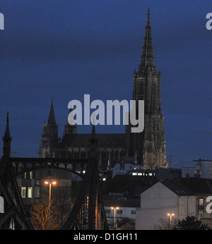 The world's tallest spire of the Ulm Minster towers above the city in Ulm, Germany, 18 December 2012. Ulm Minster is a permanent building site and has to be constantly sanified. Photo: Stefan Puchner Stock Photo