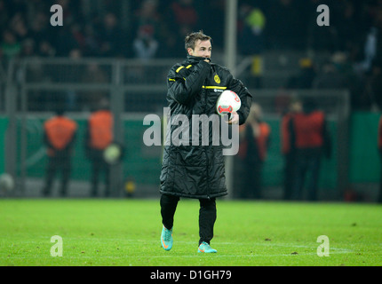 Dortmund's Mario Goetze holds the match ball after the DFB Cup round of sixteen match between Borussia Dortmund and Hannover 96 at Signal Iduna Park in Dortmund, Dortmund, 19 December 2012. Photo: Bernd Thissen Stock Photo