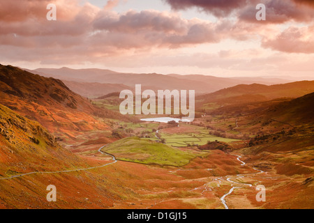 Looking down the Wrynose Pass to Little Langdale in the Lake District National Park, Cumbria, England, United Kingdom, Europe Stock Photo