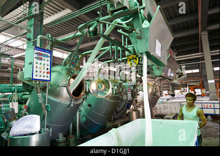 A strong worker poses and inspects fabric next to large dying machines at a textile manufacturer Stock Photo