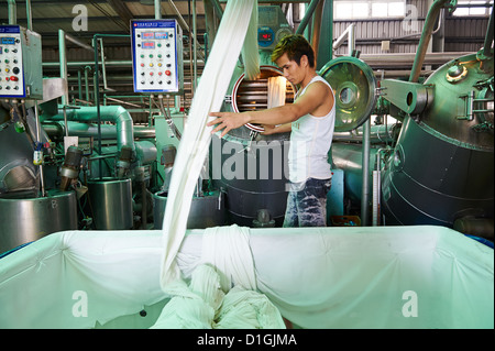 A strong worker poses and inspects fabric next to large dying machines at a textile manufacturer Stock Photo