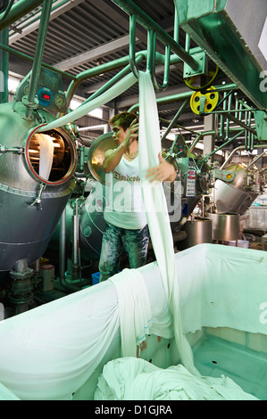 A strong worker poses and inspects fabric next to large dying machines at a textile manufacturer Stock Photo