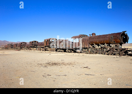 Rusting old steam locomotives at the Train cemetery (train graveyard), Uyuni, Southwest, Bolivia, South America