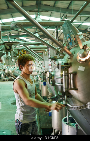 A strong worker poses and inspects fabric next to large dying machines at a textile manufacturer Stock Photo