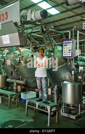 A strong worker poses and inspects fabric next to large dying machines at a textile manufacturer Stock Photo