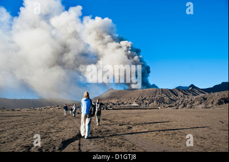 Tourists watching Mount Bromo, an active volcano, erupting in East Java, Indonesia, Southeast Asia, Asia Stock Photo