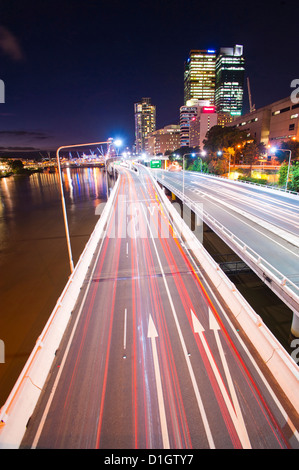 Car light trails at night on a highway in Brisbane, Queensland, Australia, Pacific Stock Photo