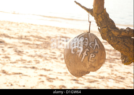 Beach Cafe written on a coconut on Gili Trawangan, Gili Isles Archipelago, Indonesia, Southeast Asia, Asia Stock Photo