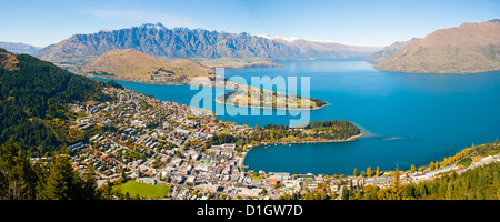 Aerial view of Queenstown, Lake Wakatipu and the Remarkable mountains, Otago Region, South Island, New Zealand, Pacific Stock Photo