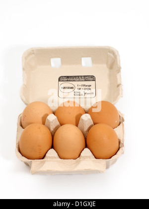 Six Hen Eggs in Carton Stock Photo
