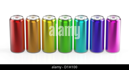 Rainbow colored cans on white shiny background Stock Photo