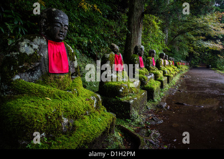 On the path near Kanmangafuchi Abyss, the statues of the Jizo lay watching Stock Photo