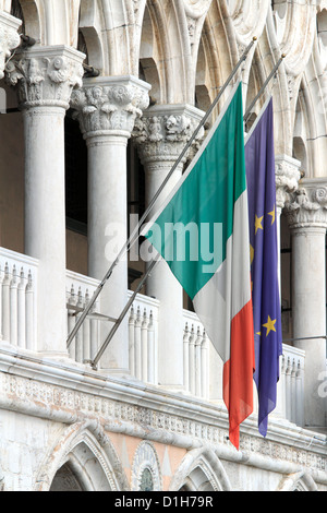 Flags of Italy, and the European Union in Venice, Italy. Stock Photo