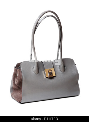 Grey woman's leather handbag over white background. Studio shot. Stock Photo