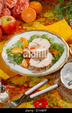 Sliced Roast Turkey with fruits Stock Photo