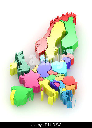 Three-dimensional map of Europe on white isolated background. 3d Stock Photo