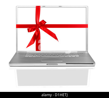 Isolated Laptop on White Wrapped in a Red Gift Bow Stock Photo