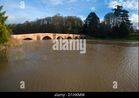 Herefordshire, UK. Sunday 23rd Dec 2012. River Wye in full flood bursts its banks today at Bredwardine Bridge Herefordshire England UK Stock Photo
