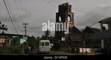 Grey sky view, mini-bus travelling south, old church on the southern outskirts of Grenville, Grenada, West Indies Stock Photo