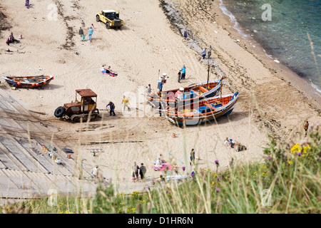 Tour boats being towed ashore by a tractor near Flamborough Head East Yorkshire England Stock Photo