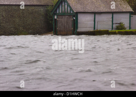 Waters rise - boat house on Windermere gets nearer the water Stock Photo