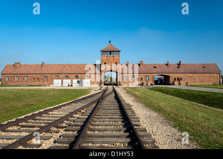 Entrance building and railway line of the former Auschwitz II–Birkenau concentration camp in southern Poland. Stock Photo