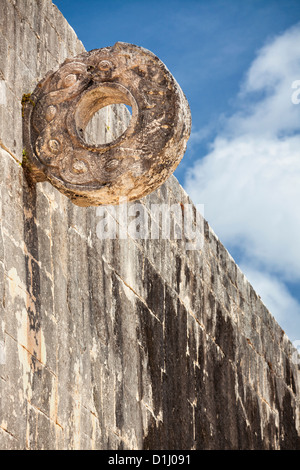 Carved stone hoop on the Great Ball Court, Chichen Itza, Yucatan Peninsula, Quintana Roo, Mexico Stock Photo