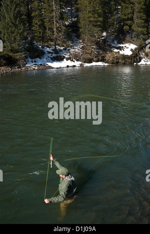 Fly fishing for steelhead trout on Oregon's Grande Ronde River in winter. Stock Photo