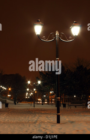 street lantern in park at winter night Stock Photo