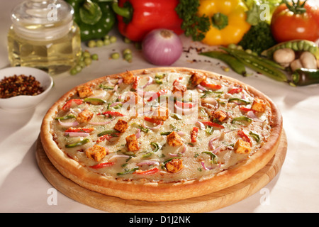 Fresh Cottage cheese chicken pizza. Stock Photo