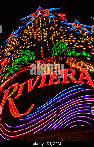 Neon light exterior of the Riviera casino and resort in Las Vegas, NV. Stock Photo