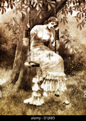 19th century, a young woman sitting dreamily on a swing, around 1880, Stock Photo