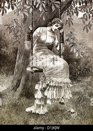 19th century, a young woman sitting dreamily on a swing, around 1880 Stock Photo