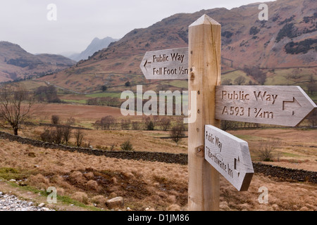 Carved wooden footpath direction finger post sign in Little Langdale, Cumbria, Lake District, England, UK.
