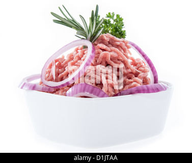 Bowl with Minced Meat isolated on white background Stock Photo