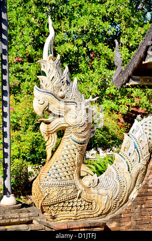 statue king of nagas in front of buddhism temple, Chiangma Stock Photo