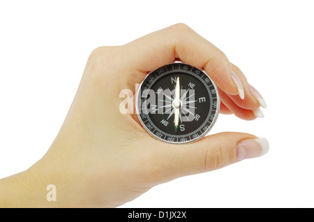 Compass in a hand isolated on the white Stock Photo