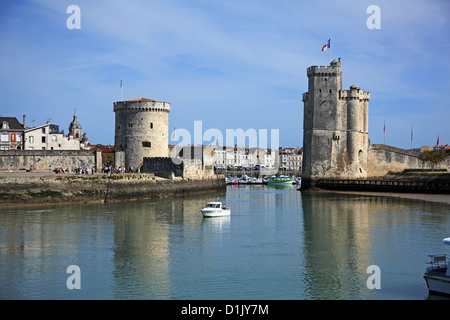 France, Poitou, Charente-Maritime, La Rochelle, the old port with Saint-Nicolas Tower and Chain Tower Stock Photo