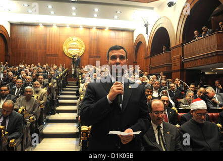 Dec. 26, 2012 - Cairo, Cairo, Egypt - Members of the Egyptian Shura Council (Upper house of the parliament), attend the first meeting after approving the new constitution, in Cairo, Egypt, 26 December 2012. According to the new constitution, the Islamist-dominated Shura Council will assume the legislative power for the first time in 32 years. Official results on 25 December showed that the Egyptian new constitution, favored by supporters of Islamist President Mohamed Morsi, was approved by 63.8 per cent of voters in a two-round referendum  (Credit Image: © Ashraf Amra/APA Images/ZUMAPRESS.com) Stock Photo