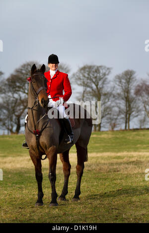 Horwich near Bolton, Lancashire Wednesday 26th December, 2012: Susan Simmons is the Senior Lady Master of the Holcombe  Hunt, on her horse Taffy, at Rivington where Horses and riders gather for the annual Boxing Day Hunt. Stock Photo