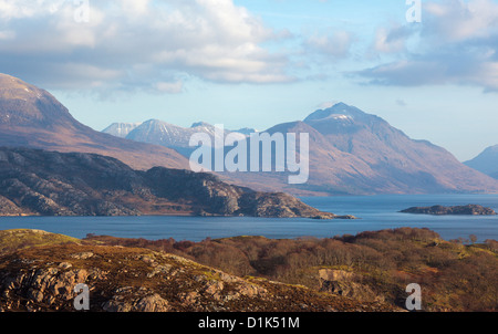 Looking over Loch Shieldaig and Upper Loch Torridon to Beinn Eighe and Liathach Wester Ross Scottish Highlands Scotland UK. Stock Photo