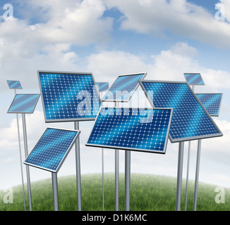 Renewable energy with solar panels symbol of a photovoltaic power station technology or sun farm represented by a group of three dimensional structures on a summer sky. Stock Photo