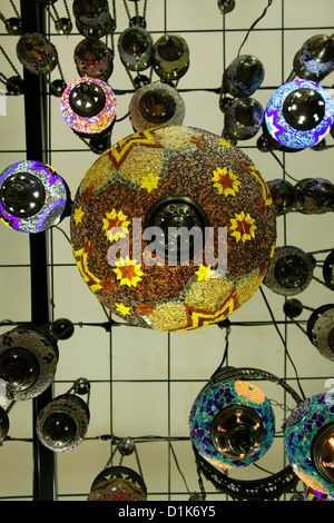 Hanging colorful electric turkish glass lanterns lamps in a shop,istanbul,turkey Stock Photo