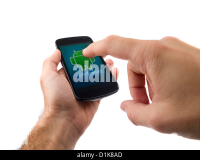 Hands holding and using an Android smartphone Stock Photo