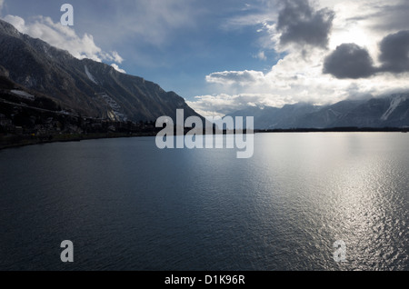 View over Lake Geneva as seen from Chateau de Chillon (Chillon Castle), Switzerland Stock Photo