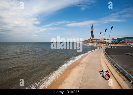 Redeveloped promenade and seawall on Blackpool seafront. Stock Photo