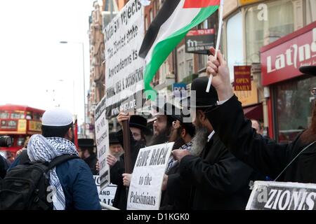 London, UK. 27 December 2012 Hasidic Jews joined the protest outside the Israeli Embassy. Stock Photo