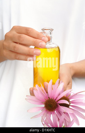 Hands of woman holding essential oil and fresh Cone flowers Stock Photo