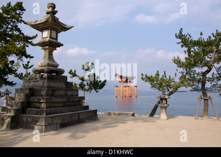 Tori gate of the Itsukushima Shrine on Miyajima Island, near Hiroshima, Japan Stock Photo