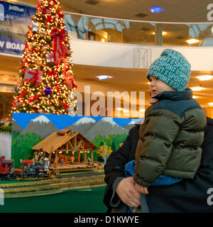 Dec. 26, 2012 - Garden City, New York, U.S. - The Long Island Garden Railway Society large-scale model train display surrounds a large decorated Christmas tree for a festive winter holiday attraction in the vast 3-floor atrium of Cradle of Aviation museum. This young boy, who came with his family, is in front of a model of saw mill that an LIGRS member made using scaled down blue prints of an actual saw mill. LIGRS shares the knowledge, fun, and camaraderie of large-scale railroading both indoors and in the garden, and is family oriented. Stock Photo